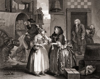 Der Fortschritt der Dirne, verführt von einer Kupplerin, aus Die Werke von Hogarth, veröffentlicht in London 1833 (Kupferstich) von William Hogarth