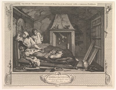 Der faule Lehrling kehrt vom Meer zurück und ist in einer Dachkammer mit einer gewöhnlichen Prostituierten..., 30. Dezember 1747 von William Hogarth