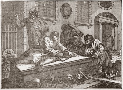 Der faule Lehrling beim Spielen auf dem Kirchhof während des Gottesdienstes - Platte aus einer Serie von 12 Gravuren von William Hogarth (1697-1764), britischer Illustrator, betitelt „Fleiß und Faulheit“, „Der Eifer und die Faulheit“ von William Hogarth