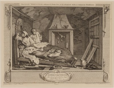 Der faule Lehrling kehrt von der See zurück und ist in einer Dachkammer mit einer gewöhnlichen Prostituierten, aus der Serie "Fleiß und Faulheit", Oktober 1747 von William Hogarth