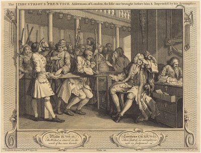Der fleißige Lehrling, Alderman von London, der faule vor ihm gebracht und von seinem Komplizen angeklagt von William Hogarth