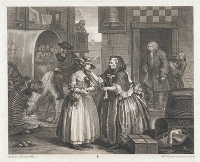 Das unschuldige Mädchen wird zur Hure, entworfen 1732, gedruckt 1744 von William Hogarth