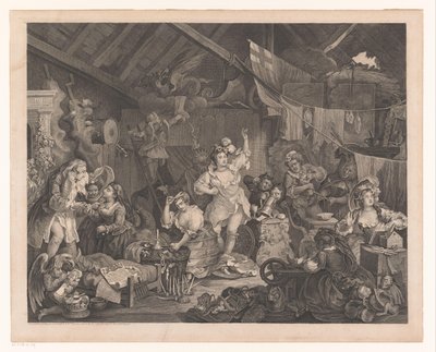 Verkleidete Schauspielerinnen und Kinder in einer Scheune von William Hogarth