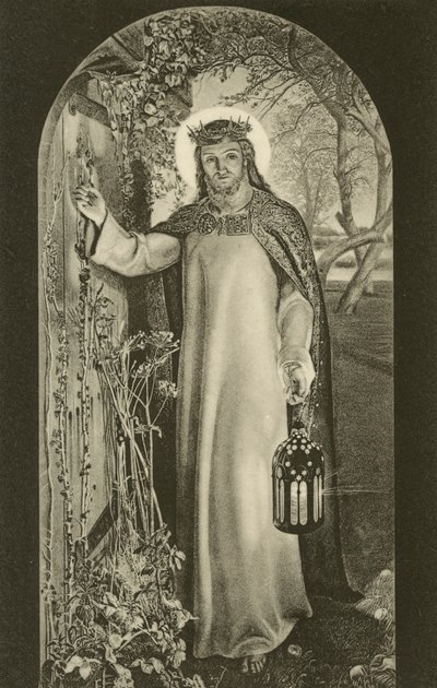 Das Licht der Welt, Gemälde im Keble College, Oxford, Oxfordshire, zeigt Christus mit einer Laterne und an eine Tür klopfend (s/w Foto) von William Holman (after) Hunt