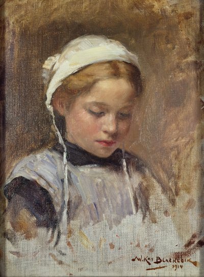 Junges Mädchen in einer blauen Schürze, 1914 von William Kay Blacklock
