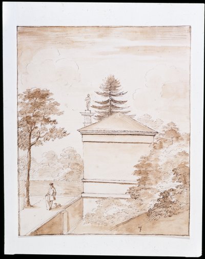Chiswick, Ansicht der Seite des Hirschhauses vom inneren Damm des Hirschgeheges aus mit einem Blick auf die dorische Säule (Feder & Tinte auf Papier) von William Kent