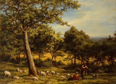 Ein Hirte und seine Herde in einem sonnenbeschienenen Wald von William Linnell