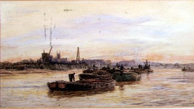 Lastkähne bei Sonnenuntergang von William Lionel Wyllie