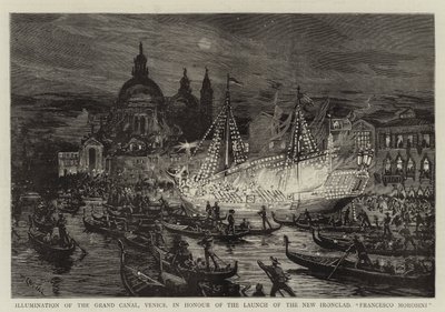 Beleuchtung des Canal Grande, Venedig, zu Ehren des Stapellaufs des neuen Panzerschiffs Francesco Morosini von William Lionel Wyllie