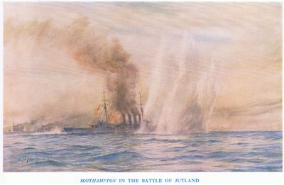 Die Southampton in der Schlacht von Jütland, aus Cassells Geschichte des britischen Volkes veröffentlicht von der Waverley Book Company Limited, ca. 1940 von William Lionel Wyllie
