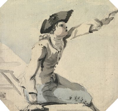 Mann sitzt auf einem Geländer und winkt mit dem linken Arm von William Marlow