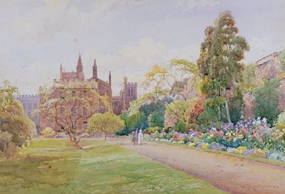 Der lange Spaziergang und die Blumenrabatte im Mai - New College, Oxford, ca. 1918 von William Matthison