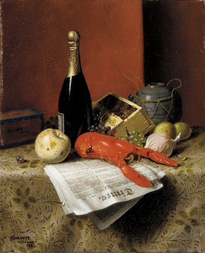 Stillleben mit Hummer, Obst, Champagner und Zeitung, 1882 von William Michael Harnett