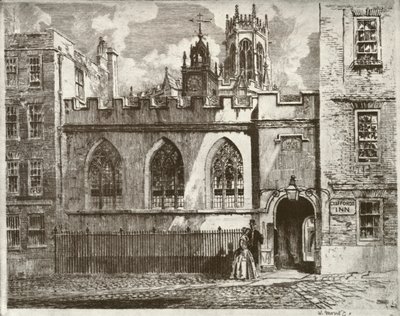 Cliffords Inn Hall und Uhrturm, mit dem Laternen-Turm von St. Clement Danes dahinter, 1934 von William Monk
