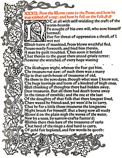 Kelmscott Press: Seite aus Die Geschichte von Beowulf, gedruckt in der Troy-Schrift, ca. 1895, 1914 von William Morris