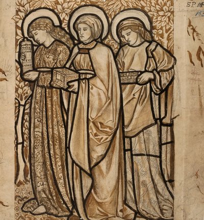 Die drei Marien am Grab - Entwurf für ein Buntglasfenster, 1862 von William Morris