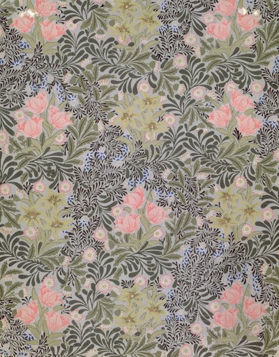 Tapetendesign mit Tulpen, Gänseblümchen und Geißblatt von William Morris