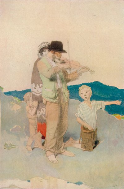 Der Geiger, Studie für die zentrale Gruppe in der Hochzeit am Wegesrand, ca. 1923 von William Newenham Montague Orpen
