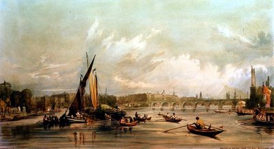 Waterloo Bridge von Westen mit einem Bootsrennen (Lithografie) von William Parrott