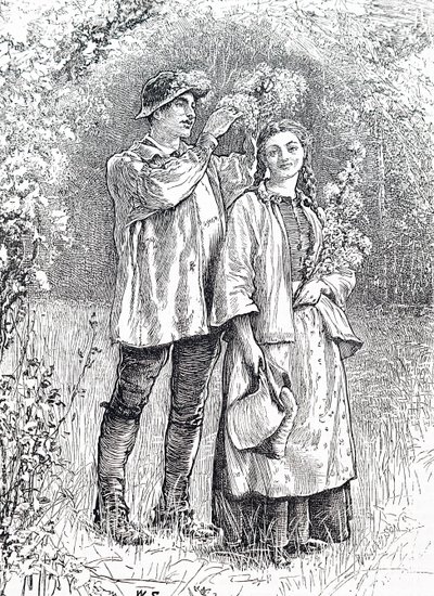 Die Krönung der Maikönigin mit einem Weißdornkranz durch ihren Liebsten. Von William Small (1843-1929), einem englischen Illustrator von William Small