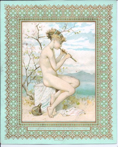 Viktorianische Neujahrskarte von einer badenden Schönheit am Strand, die eine Flöte spielt, ca. 1881 von William Stephen Coleman