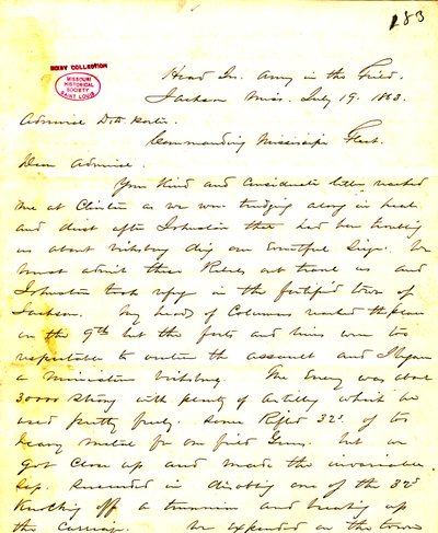 Brief von W. T. Sherman, Hauptquartier, Armee im Feld, Jackson, Mississippi, an [David D.] Porter, 19. Juli 1863 von William T. Sherman