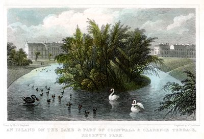 Insel auf dem See und Teil der Cornwall- und Clarence-Terrassen, Regents Park, London, 1828 von William Tombleson