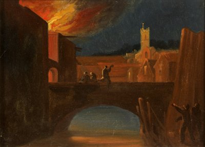 Bristol-Unruhen: Das Brennen von Bridewell, mit der St.-Michaels-Kirche, Bridewell-Brücke, ca. 1831 von William W. Wheatley