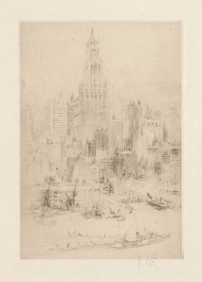 Downtown Manhattan vom East River, mit dem Woolworth Building von William Walcot