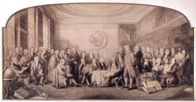 Die bedeutenden Wissenschaftler von 1807-1808. Treffen in der Bibliothek des Royal Institute of Sciences, England. Gravur von William Walker und Sir John Gilbert (1817-1897) von William Walker
