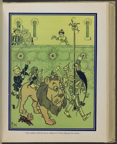 "Der Soldat mit den grünen Schnurrhaaren führte sie durch die Straßen", Illustration aus "Der wunderbare Zauberer von Oz" von Lyman Frank Baum von William Wallace Denslow