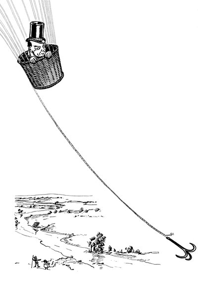 Der Zauberer von Oz - Zeichnung von Denslow, William Wallace (1856-1915) für die Erstausgabe 1900 von Frank Baums Buch (1856-1919) - Der Zauberer fliegt im Korb eines Ballons von William Wallace Denslow