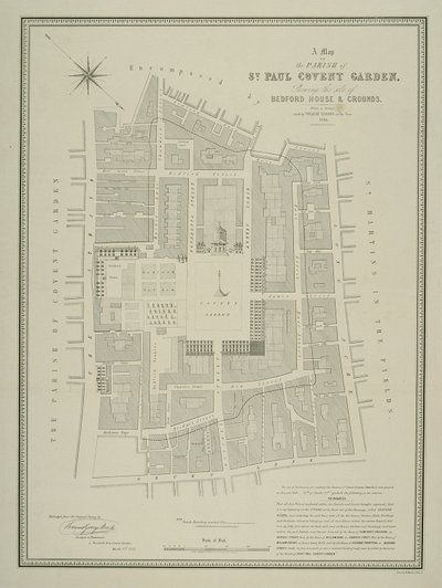 Karte der Pfarrei St. Paul, Covent Garden, zeigt den Standort von Bedford House und Gelände, veröffentlicht von W.P. Metchim, 1686 von Willian Leybourn