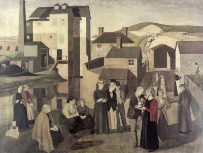 Szene in einer Dorfstraße mit Mühlenarbeitern im Gespräch von Winifred Knights