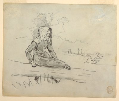 Mädchen auf einem Baumstamm sitzend von Winslow Homer