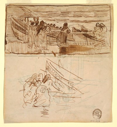 Zwei Studien von Frauen, die das Zuwasserlassen von Dories beobachten, Cullercoats, England, 1881 von Winslow Homer