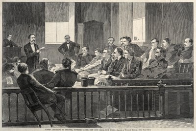 Geschworene hören dem Anwalt zu, Oberster Gerichtshof, New City Hall, New York, 1869 von Winslow Homer