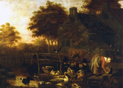 Landschaftsszene in Holland (Bauernhof mit vielen Tieren und einem Bauern, der eine Kuh melkt) von Wintrack dem Jüngeren von Wintrack the Younger