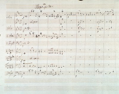 Seite der Partitur der Symphonie Nr. 8 in D-Dur, von Mozart (1768) von Wolfgang Amadeus Mozart