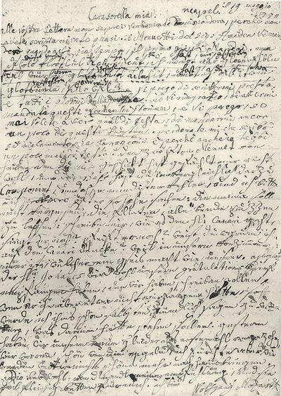 Wolfgang Amadeus Mozart (1756-1791) österreichischer Komponist. Eigenhändiger Brief an seine Schwester Nannerl. Neapel 19. März 1770 von Wolfgang Amadeus Mozart