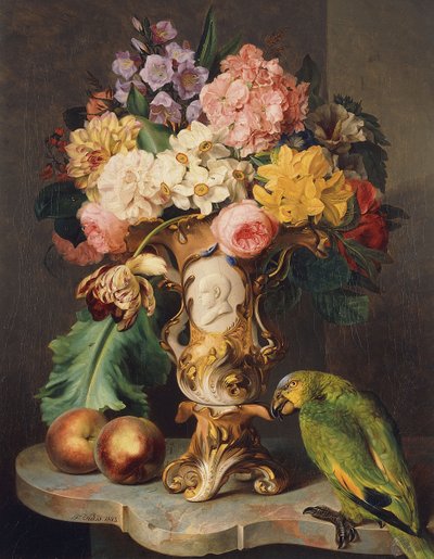 Stillleben mit einer Vase mit verschiedenen Blumen, Pfirsichen und einem Papagei auf einer Marmorkante von Wolfgang Küss