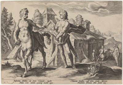 Apollo vertraut Chiron die Erziehung des Asklepios an von Workshop of Hendrick Goltzius, after Hendrick Goltzius