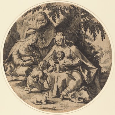 Die Heilige Familie mit der heiligen Elisabeth und dem heiligen Johannes dem Täufer von Workshop of Jacob Matham, after Hendrik Goltzius