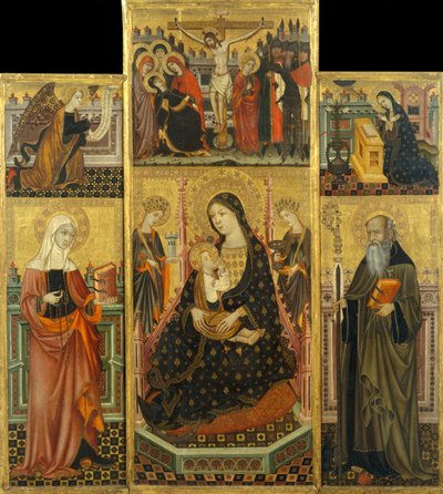 Altarbild der Jungfrau, die das Kind stillt, Heilige Klara und Heiliger Antonius der Abt von Workshop of Llorenç Saragossa