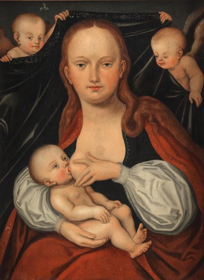 Die Madonna und das Kind vor einem Vorhang, gehalten von zwei Engeln von workshop of Lucas Cranach the Elder