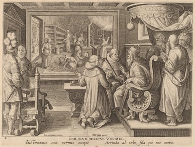 Seide oder der Seidenwurm (Ser, Sive Sericus Vermis) von Workshop of Philip Galle after Jan van der Straet