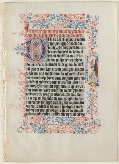 Blatt aus einem Stundenbuch: Engel mit Banderole in einem verzierten Rand, ca. 1475 von Workshop of the Convent of St.