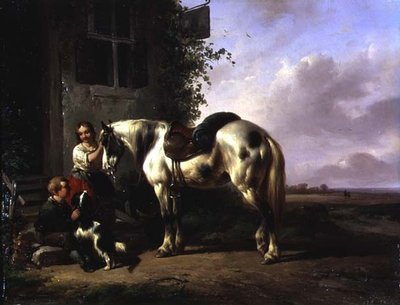 Außenansicht eines Gasthauses mit jungem Mädchen, Junge, Hund, Pferd von Wouterus Verschuur