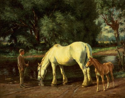 Eine Stute und ihr Fohlen an einer Furt von Wright Barker