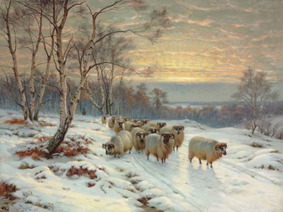 Ein Hirte mit seiner Herde in einer Winterlandschaft von Wright Barker